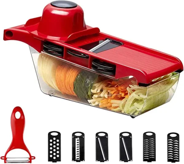 Manual Mandoline Vegetable Cutter – Red | Stainless Steel Blade Peeler, Grater & Slicer for Potato, Carrot, Cheese & More