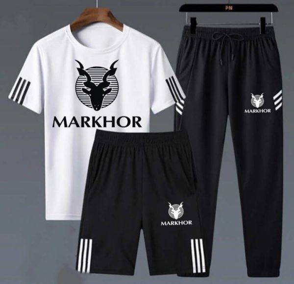 3-Piece Markhor Printed Black & White Summer Tracksuit for Men – Combo Deal
