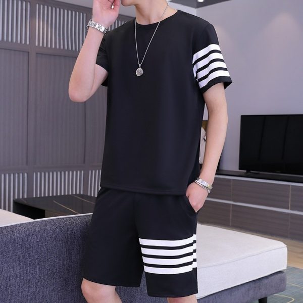 Black Line-Printed Tracksuit for Men – Cotton T-Shirt & Shorts Set | Summer Gym & Casual Wear | Trendy Elegant Outfit