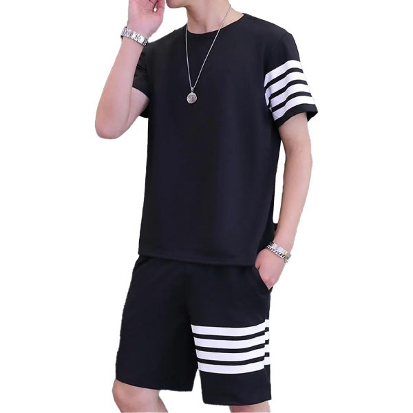 Black Line-Printed Tracksuit for Men – Cotton T-Shirt & Shorts Set | Summer Gym & Casual Wear | Trendy Elegant Outfit