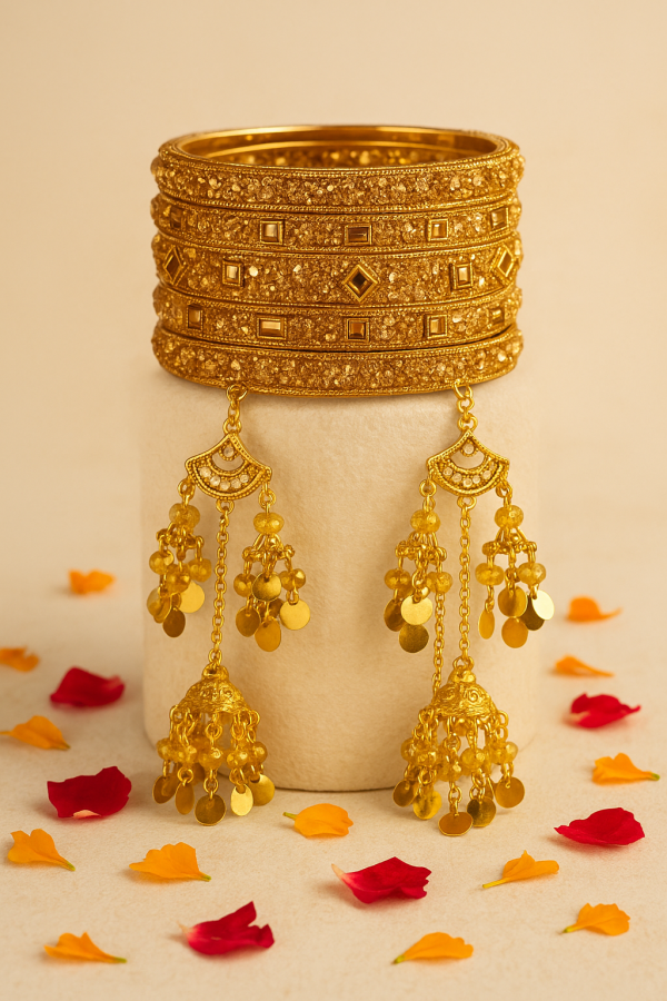 Luxurious Bridal Golden Bangles Set with Stonework & Traditional Kaleere – 2.5 Inch