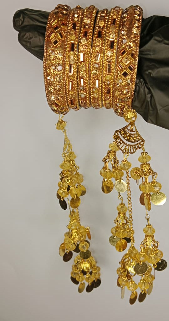 Luxurious Bridal Golden Bangles Set with Stonework & Traditional Kaleere – 2.5 Inch