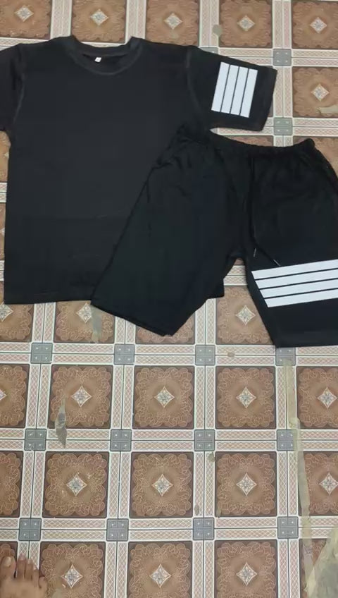 Black Line-Printed Tracksuit for Men – Cotton T-Shirt & Shorts Set | Summer Gym & Casual Wear | Trendy Elegant Outfit