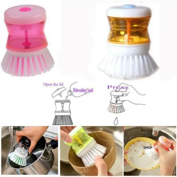 Soap Dispensing Dishwashing Brush – Self-Dispensing Kitchen Scrub Brush for Pots, Pans & Dishes | Plastic Cleaning Brush with Liquid Holder | Paknify